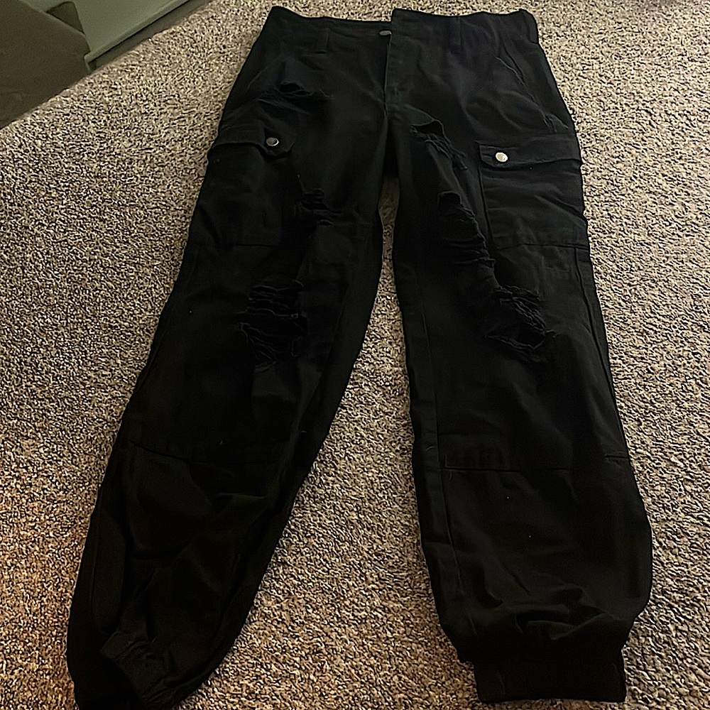 Black cargos with rips
